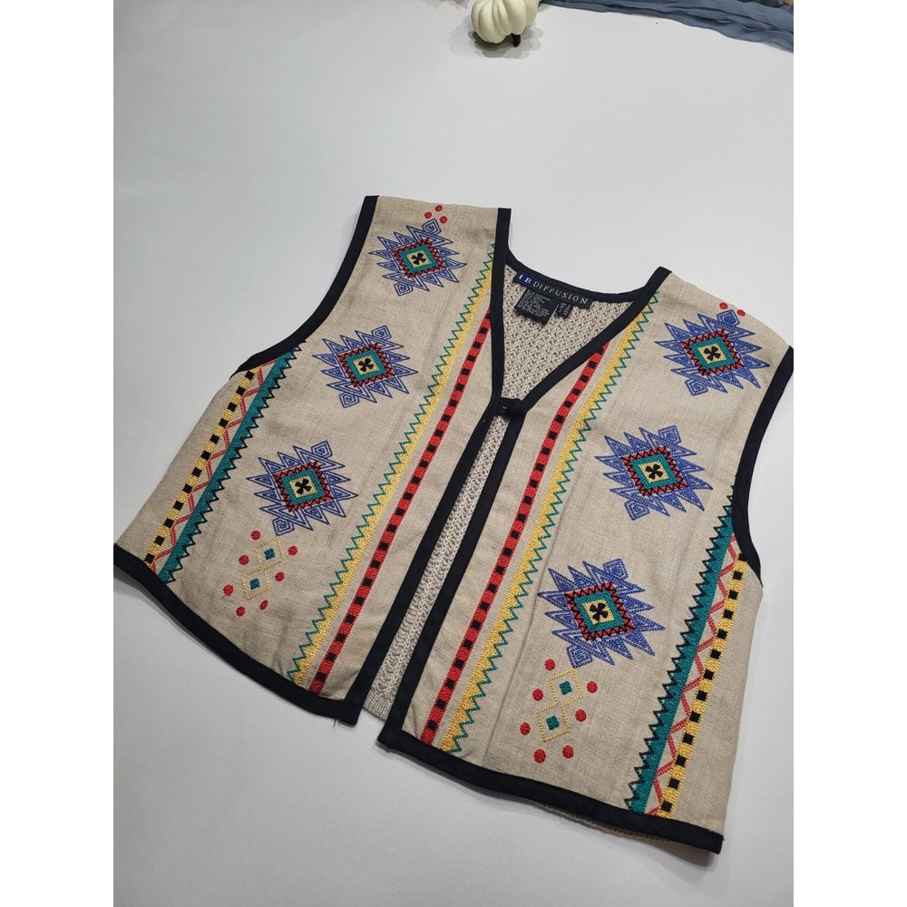 Vintage IB DIFFUSION Geometric Denim Vest Women Size 6 Tribal Aztec Boho Western